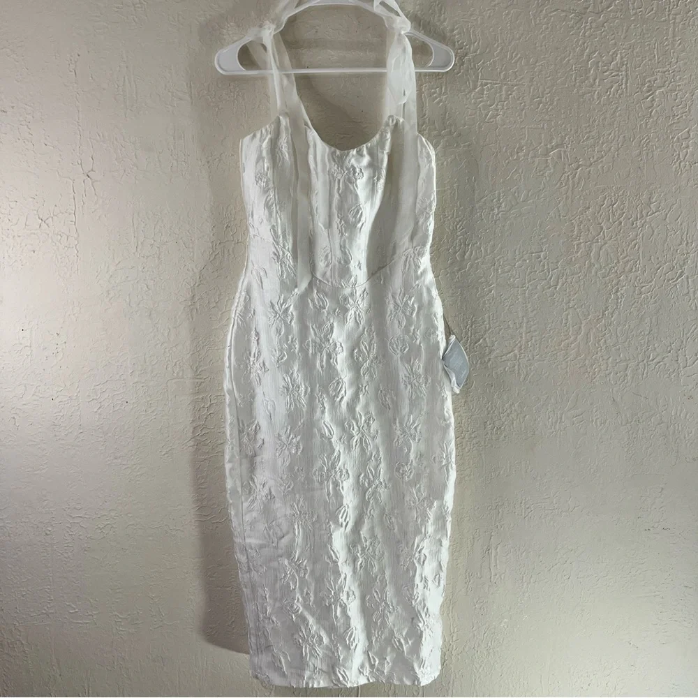 Lulu's Gorgeous Persona White Satin Jacquard Tie Strap Midi Dress - Picture 3 of 15